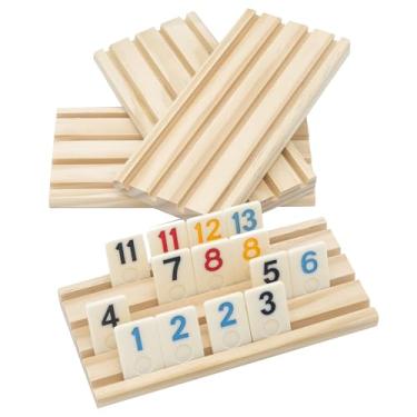 Imagem de 4 Wooden Rummy Replacement Racks/Trays for Rummikub Game, Rummy Cube Game Holders Only, 4 Wooden Racks for Okey Board Game