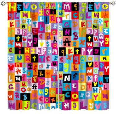 Imagem de VUMIVI Cortinas de alfabeto ABC padrão colorido abstrato patchwork arte graffiti tratamentos de janela para quarto de crianças quarto berçário sala de aula 107 cm L x 113 cm C