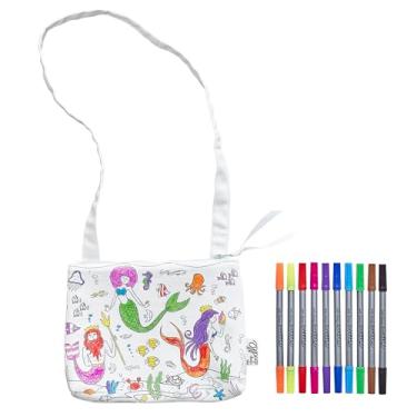 Imagem de eatsleepdoodle Bolsa Tiracolo para Colorir Sereia para Crianças com 10 Marcadores Laváveis - 21,6 x 17,8 cm