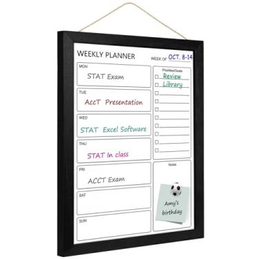 Imagem de Quadro branco apagável a seco e quadro de calendário semanal, quadro branco magnético para parede, quadro de mensagens emoldurado preto de madeira maciça de 33 cm x 43 cm, quadro planejador para