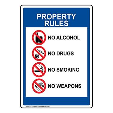 Imagem de ComplianceSigns. com Property Rules No Alcohol No Drugs, Smoking, Weapons Label Decal, vinil de 18 x 12,7 cm para álcool/drogas/armas, feito nos EUA