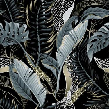 Imagem de Papel de parede preto e azul dourado tropical folha de palmeira descascar e colar papel de parede fácil de retirar papel de contato escuro autoadesivo removível para armário de quarto amigável 45 cm x