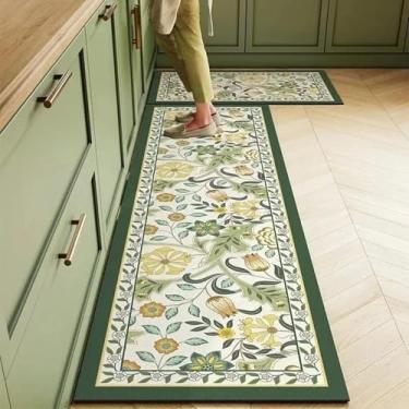 Imagem de Tapete para cozinha, tapete de couro PVC, tapete para os pés, flor rosa, decoração para casa (1 peça - 50x160 cm/FQ1399-P)