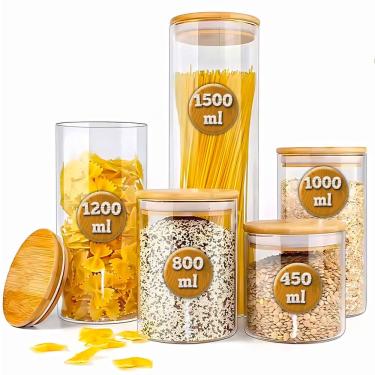 Imagem de Conjunto de Potes de Vidro Herméticos Tampa de Bambu Conservar Alimentos - 5 peças
