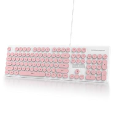 Imagem de Ussixchare Teclado de computador retrô com fio, teclado de máquina de escrever silencioso, lindos teclados rosa iluminados com teclas redondas, retroiluminação LED, 104 teclas para PC, laptop (rosa)