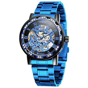 Imagem de FORSINING Relógio de pulso de esqueleto mecânico com movimento luminoso de diamante moderno com número romano, 05 - azul e preto, Relógio esqueleto, mecânico