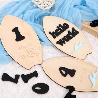 Imagem de Cartões de marco mensal para bebês de surfe de madeira – marcadores de marcos mensais do primeiro ano da praia, discos de marcos do mês intercambiáveis, adereços para fotos de bebês