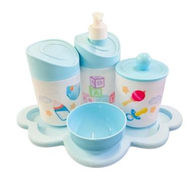 Imagem de Kit Higiene Baby Menina e Menino c/bandeja em MDF (Nuvem Azul/Azul)