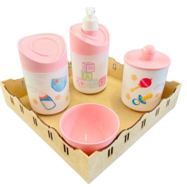 Imagem de Kit Higiene Baby Menina e Menino c/bandeja em MDF (Quadrada Crua/Rosa)