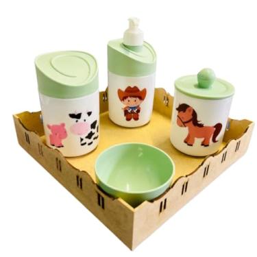 Imagem de Kit Higiene Baby Fazendinha Menino c/bandeja em MDF (Quadrada Crua/Verde)