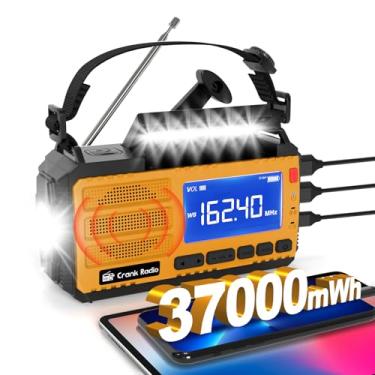 Imagem de Rádio meteorológico de emergência, manivela, manivela, rádio de emergência 37000 mWh AM/FM NOAA rádio meteorológico com visor LCD, lanterna de 3 modos, alarme SOS, bússola, conector de fone de ouvido