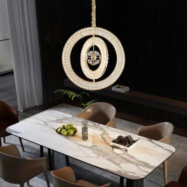Imagem de LANGLITIAODENG Lustre Giratório De Cristal Dourado Com 2 Anéis, Brilho Ajustável Controle Remoto, Luminária Pendente Luxo Para Sala Jantar, Estar, Loja Principal (Banhado A Ouro, Diâmetro 23,6")