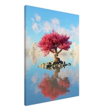 Imagem de PUREVACY Arte de parede de céu azul e árvore de flor rosa para sala de estar. Decoração de parede de quarto para acima da cama. Arte de árvore rosa para paredes estilo vertical 60 x 80 cm / 24 x 32 ″