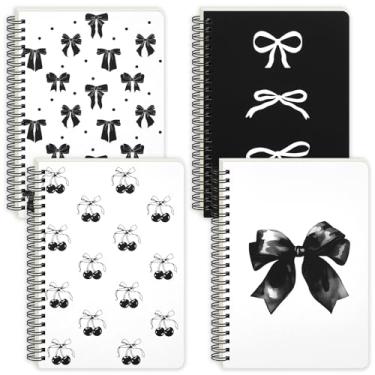 Imagem de Resurhang Pacote com 4 cadernos Coquette Preppy Bowbow, Caderno A5 em espiral estético, para mulheres, material escolar com laço fofo, pautado na faculdade (preto, estilo laço)