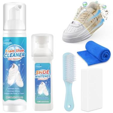 Imagem de Limpador de sapato branco, kit de limpeza de sapatos de 200 ml com escova e toalha, limpador de tênis para trabalho em couro, malha, lona, camurça, poliuretano, Branco, 10 oz
