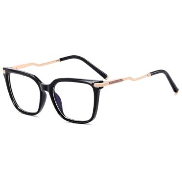 Imagem de Tr90 Óculos quadrados antirluz azul feminino lente transparente retrô armação de óculos de metal, Moldura dourada preta