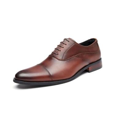 Imagem de Sapato social masculino Oxford de couro legítimo com bico fino, estilo britânico, bico fino, negócios, formal, Marrom, 38