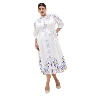 Imagem de City Chic Vestido feminino plus size - Annabelle com fecho de botão midi, Borda Patrice Azul, 48