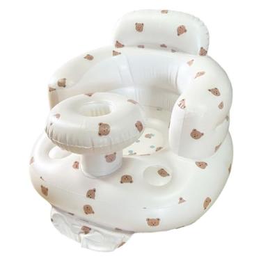 Imagem de Assento de bebê inflável com estampa de urso bomba embutida cadeira dobrável para sentar para bebê com bandeja, travesseiro de pescoço e descanso de perna 51 x 53 x 38 cm assento de banho drenante