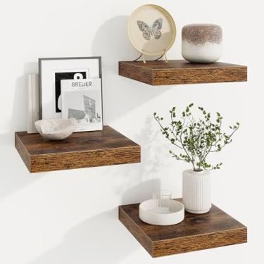 Imagem de Prateleiras quadradas flutuantes para parede, 24 cm L x 24 cm P x 3 cm A, pacote com 3 pequenas prateleiras de madeira projetadas montadas na parede com suportes invisíveis para sala de estar, quarto