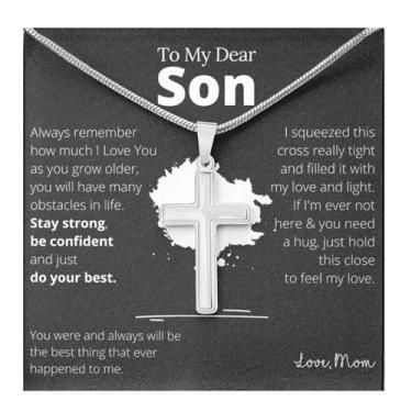 Imagem de Colar To My Son from Mom Dad masculino pingente prata cruz presentes para filho presentes de aniversário inspiradores para homens, Aço inoxidável, Sem Pedra Preciosa