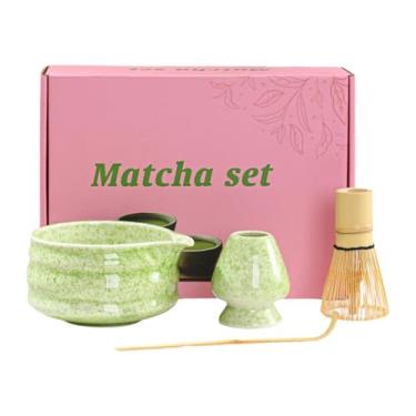 Imagem de YWJLQH Conjunto Matcha Tigela de Cerâmica com Bico Batedor Matcha Acessórios Portáteis Feitos à Mão Conjunto de Chá Japonês para Amigo Mesa Presente para, Verde