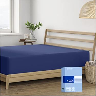 Imagem de THREAD SPREAD Lençol King Size apenas - lençol 100% algodão, 400 fios, 40,6 cm, lençol com elástico profundo, 100% egípcio, lençol de baixo de cetim macio refrescante - azul marinho