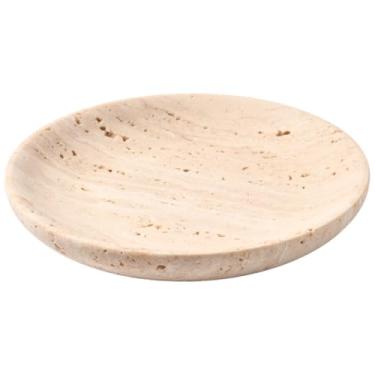 Imagem de Beebeecraft Prato de joias travertino de mármore natural bandeja de armazenamento de mesa redonda plana com pano de polimento para brincos colares decoração de casa (bege)