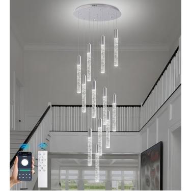 Imagem de Upfelw Lustre De Cristal Moderno Teto Alto Com 12 Luzes, Grande Espiral Led Regulável, Pendente Em Formato Gota Chuva, Escada Bolha, Luminária Suspensa Para Sala Estar, Cromada, Controle Remoto