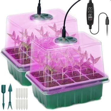 Imagem de 2 unidades bandejas de sementes com lâmpada de germinação de plântulas, bandeja de geração de germinação para estufa, estufa bandejas de cultivo de germinação com cúpula e base para plantas em