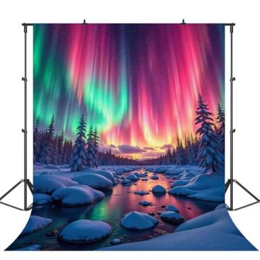 Imagem de PONNYC Fundo de luzes do norte, neve, montanhas com vista noturna, céu estrelado, colorido, aurora boreal, cenário natural, cenário fotográfico, férias, material escolar, decoração banner de festa, 15