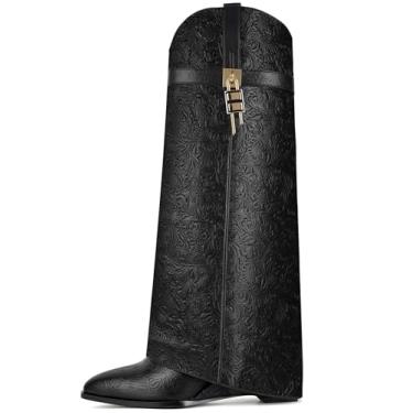 Imagem de CDHYX Bota feminina dobrável na altura do joelho com design de cadeado e zíper lateral, Preto, 42