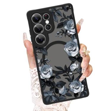 Imagem de AIGOMARA Capa para Samsung Galaxy S25 Ultra [compatível com MagSafe] Capa de telefone translúcida com design de flores rosas brancas TPU macio e policarbonato antiarranhões à prova de choque magnética