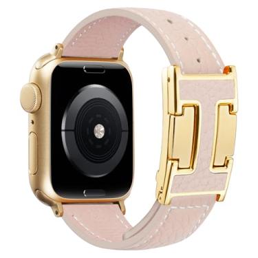 Imagem de JSGJMY Pulseira magnética de couro compatível com Apple Watch 38 mm, 40 mm, 41 mm, 42 mm, 44 mm, 45 mm, 46 mm e 49 mm, para mulheres e homens, pulseira de substituição de couro de grão superior para