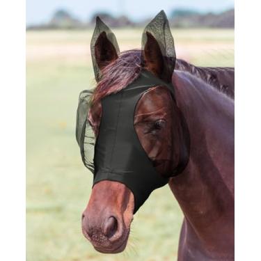 Imagem de Hilltown Máscaras para cavalos com orelhas – grande espaço para os olhos, conforto, bloqueio UV – Máscara de mosca de cavalo para estábulo diário, passeios em clima quente e competição – Pônei, preto