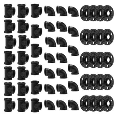 Imagem de Home TZH Conjunto de flange/cotovelo/Tee preto de 1/5.1 cm, pacote com 60 encaixes de tubulação para estilo vintage industrial, projeto faça você mesmo/móveis/decoração de prateleiras (60, 1/2