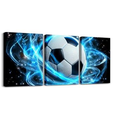 Imagem de Erosebridal Arte de parede de futebol, conjunto de 3 galáxias, céu estrelado, arte de parede, 30,5 x 40,6 cm, pinturas de jogos de bola de futebol, esportes, futebol, preto, azul, pinturas em tela