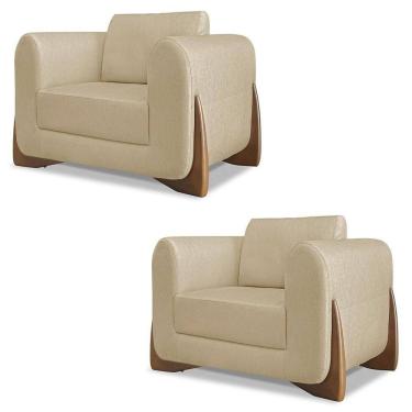 Imagem de Poltrona Para Sala Base De Madeira Kit 2 Izzy S06 Linho Dourado - Mpozenato