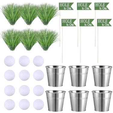 Imagem de Soulchen Kit de 6 conjuntos de decorações de mesa de festa de golfe inclui 6 baldes de ferro, 12 minigolfe 90 grama artificial 6 bandeiras centro de mesa para festa temática de aniversário