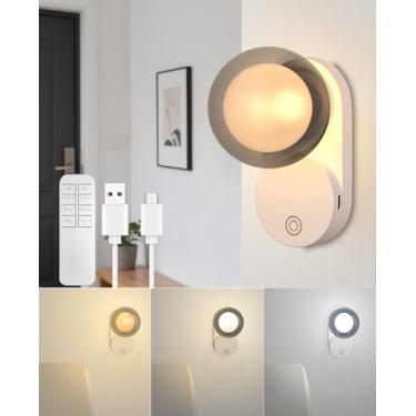 Imagem de Arandela de parede operada por bateria, luz de parede recarregável sem fio com controle remoto, globo magnético regulável de 3 CCT, luz noturna de LED, carregamento USB para quarto, sala de estar