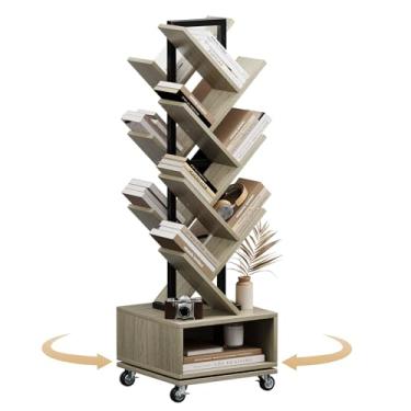 Imagem de iabifo Estante de árvore giratória dupla face – estante retrô de 7 andares, armazenamento de madeira para livros, CDs, filmes, perfeita para pequenos espaços no quarto, sala de estar, escritório em