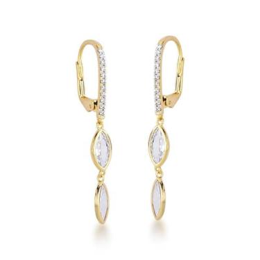 Imagem de Brinco Argola Oval com duas Zirconias pendentes Banhado a Ouro 18k - A