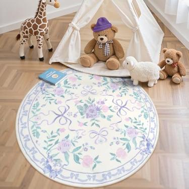 Imagem de Collive Tapetes redondos de laço roxo para meninas, tapete circular floral lavável de 1,2 m para quarto, tapete fofo ultrafino antiderrapante para decoração interna para berçário, quarto de crianças