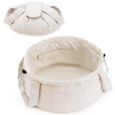 Imagem de Narwey Bolsa de maquiagem com cordão, bolsa grande acolchoada para cosméticos, bolsas de maquiagem inchadas, bolsas de higiene pessoal de viagem para mulheres em viagem, organizador de artigos de