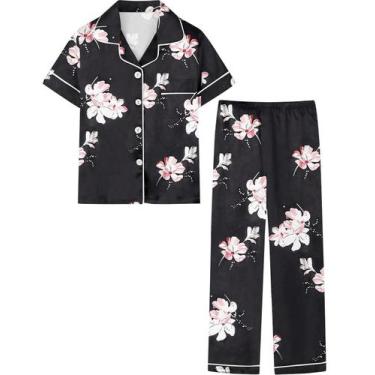 Imagem de Conjunto de pijamas femininos de cetim de seda Umeyda Black Flower XS