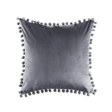 Imagem de Capa de almofada de veludo com pompom cinza 42x42cm - Lightbek Officia