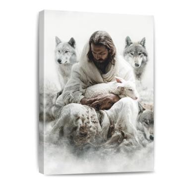 Imagem de Arte de parede em tela Jesus protegendo o cordeiro, pôster Jesus salvando o cordeiro dos lobos, pintura espiritual, presente cristão, religioso para a fé, casa, sala de estar, quarto, banheiro
