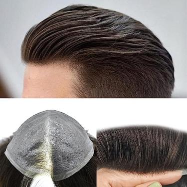 Imagem de Toupee para homens Sistema de substituição de cabelo peruca masculina peruca de cabelo humano peça toda em V poli PU 0,04 mm unidade de cabelo fino para homens (20.3 cm x 25.4 cm - 90% densidade de