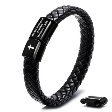Imagem de FEEL STYLE Pulseira masculina de couro com versículo da Bíblia - Pulseira de cruz de pedra vulcânica para homens - Pulseira de couro trançado de equilíbrio de cura - Joias de presente de formatura