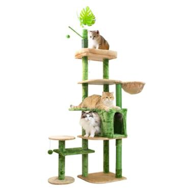 Imagem de wowohpet Cat Tree Torre para gatos de 198 cm para gatos internos Centro de atividades de vários níveis com cestas de caverna para arranhar postes verdes (verde, 198 cm)